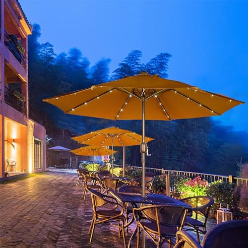 Image of Blissun 9 ft Solar Umbrella 32 LED Lighted Patio Umbrella Table Market Umbrella with Tilt and Crank Outdoor Umbrella for Garden, Deck, Backyard, Pool and Beach, Brown