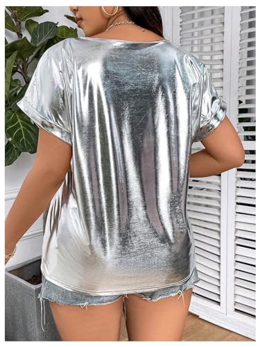 OYOANGLE Women's Plus Size Metallic Short Sleeve T-Shirts Crew Neck Tees Party Clubwear Tops2