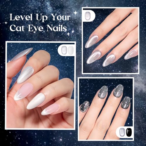 Image of Beetles Silver Cat Eye Gel Nail Polish Set, Dusted Galaxy 6 Colors Magnetic Glass, Crystal, Pearl, Reflective & Glitter Silver Cat Eye Gel Polish Set with 2 Magnets, DIY Color Card for UV