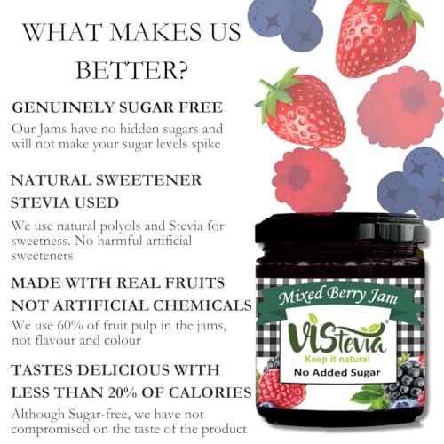 Image of Vistevia Sugar Free Combo of Mixed Fruit Jam & Mixed Berry Jam, Diabetic and Keto Friendly - Sweetened Naturally with Stevia, More Than 60% Berry Content - Tastes Delicious - Pack of 2 (220 * 2GM)