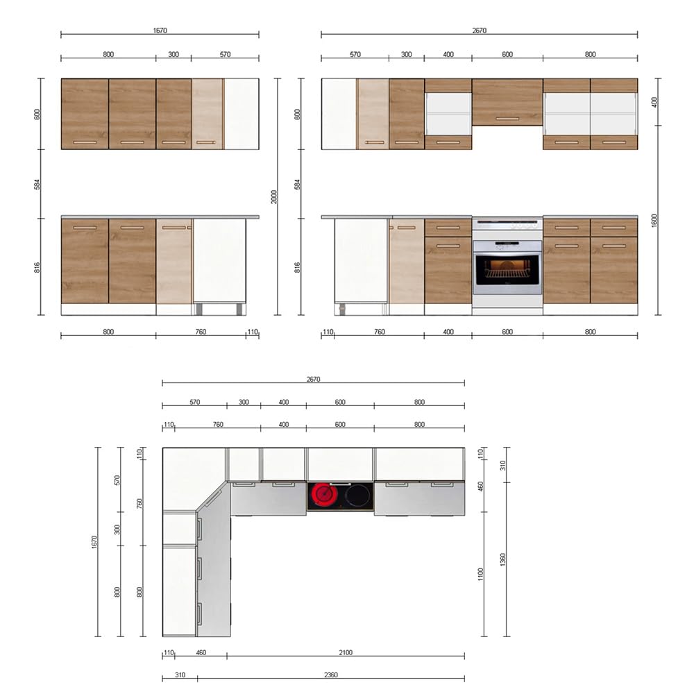 Vicco Cocina esquinera Rick, Oro Power Roble/Antracita, 270 x 60 cm, ET Negro Estampado, con módulos combinables de Forma Variable y Patas Ajustables en Altura