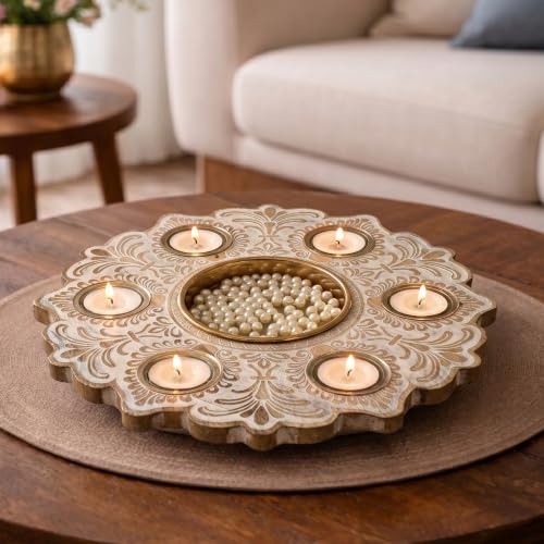 Image of BEHOMA Wooden Urli Bowl with 6 Tea Lights, Rustic White, 12 inch | Rustic white wooden mandala urli with 6 tea lights; perfect Diwali, rangoli & festive centerpiece.
