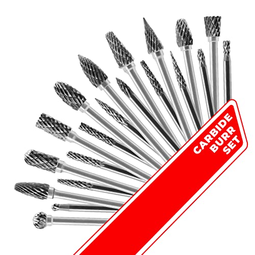 Image of Tungsten Carbide Burr Set 1 /8 (3 mm) Shank, Die Grinder Bits, 20 PC Cutting Burr Bits for Dremel, Double Cut Rotary Burr Set for Metall Carving, Engraving, Drilling, Polishing