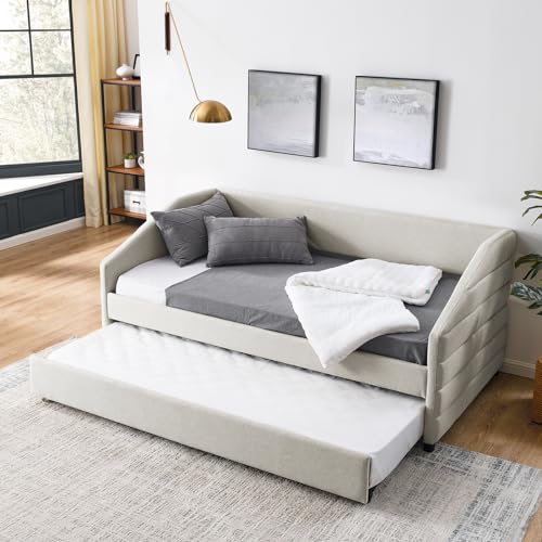 JEEOHEY Twin Size Daybed with Trundle, Modern Upholstered Linen Sofa Bed for Apartment Living Room Guest Room, Solid Wood Trundle Day Bed Frame, No Box Spring Needed, Beige