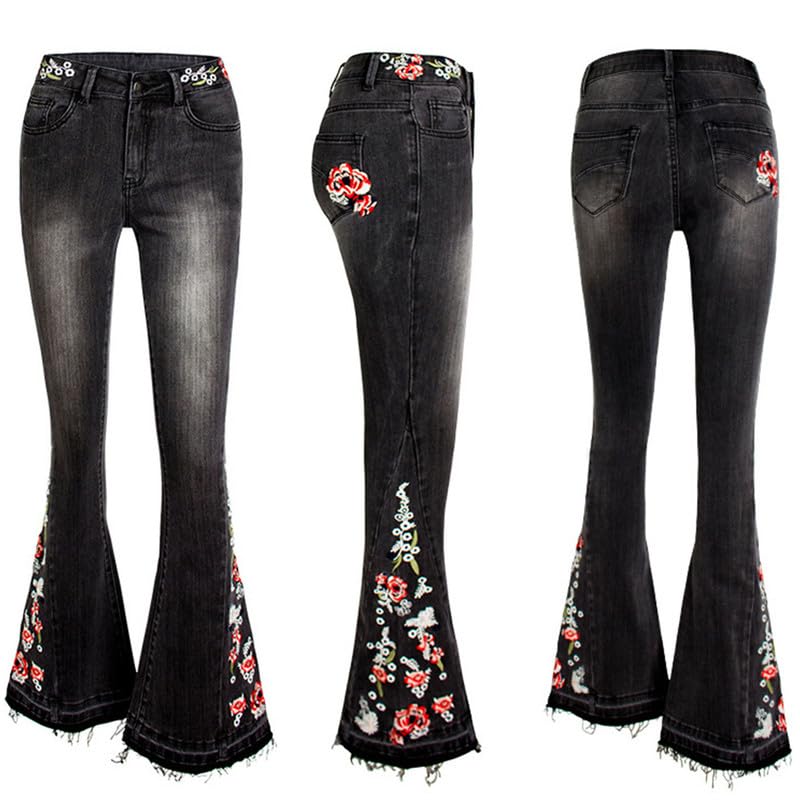 Andongnywell Women's Embroidered Bell Bottom Jeans Floral Stretchy Flare Denim Pants Chic High Rise Long Jean3