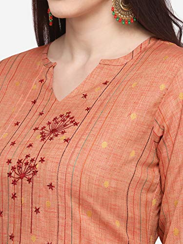 Image of EthnicJunction Women's Cotton Blend Thread Embroidered Straight Kurti