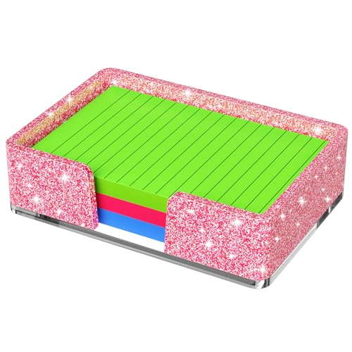 Kucle Sticky Note Holder, Glitter Pink Acrylic Notepad Holder 4x6 in Self-Stick Note Dispenser Office Desk Accessories, Memo Pad Holder Organizer for Classroom School Supplies