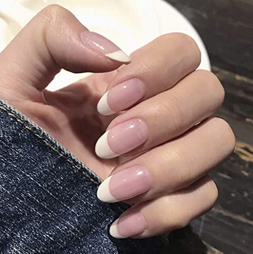 RikView French Press on Nails Oval Glossy Fake Nails Short White False Nails Full Cover Prom Nails for Women and Girls 24PCS/Set - Thumbnail 2
