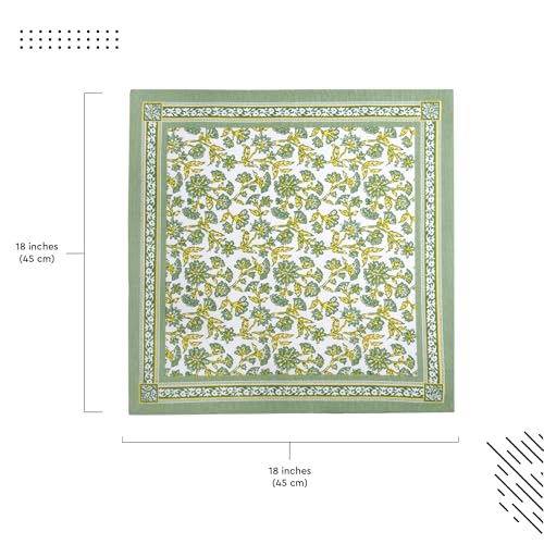 Image of Encasa XO Dining Table Napkins Set of 6 | Sage-02 Block Printed Cotton Canvas Cloth Napkin - 45x45 cm | Jaipur Sanganeri Hand Print