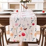 Boho Camino de Mesa Beige 40x140 cm Moderno Bohemias Beige Patrón de Flores Silvestres Retro Primavera para Rustico Boda Fiesta Hogar de Comedor Decoración Cocinas Table Postres