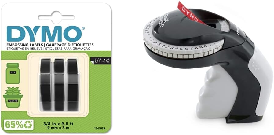 Dymo Embossing Label Maker With 3 Dymo Label Tapes | Organizer Xpress Pro Label Maker Starter Kit & Dymo 3D Plastic Embossing Labels, White Print On Black, 3/8'' X 9.8', 3-Roll Pack