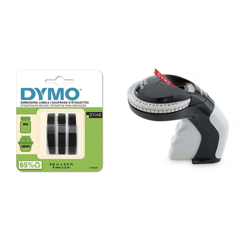 Dymo Embossing Label Maker With 3 Dymo Label Tapes | Organizer Xpress Pro Label Maker Starter Kit & Dymo 3D Plastic Embossing Labels, White Print On Black, 3/8'' X 9.8', 3-Roll Pack