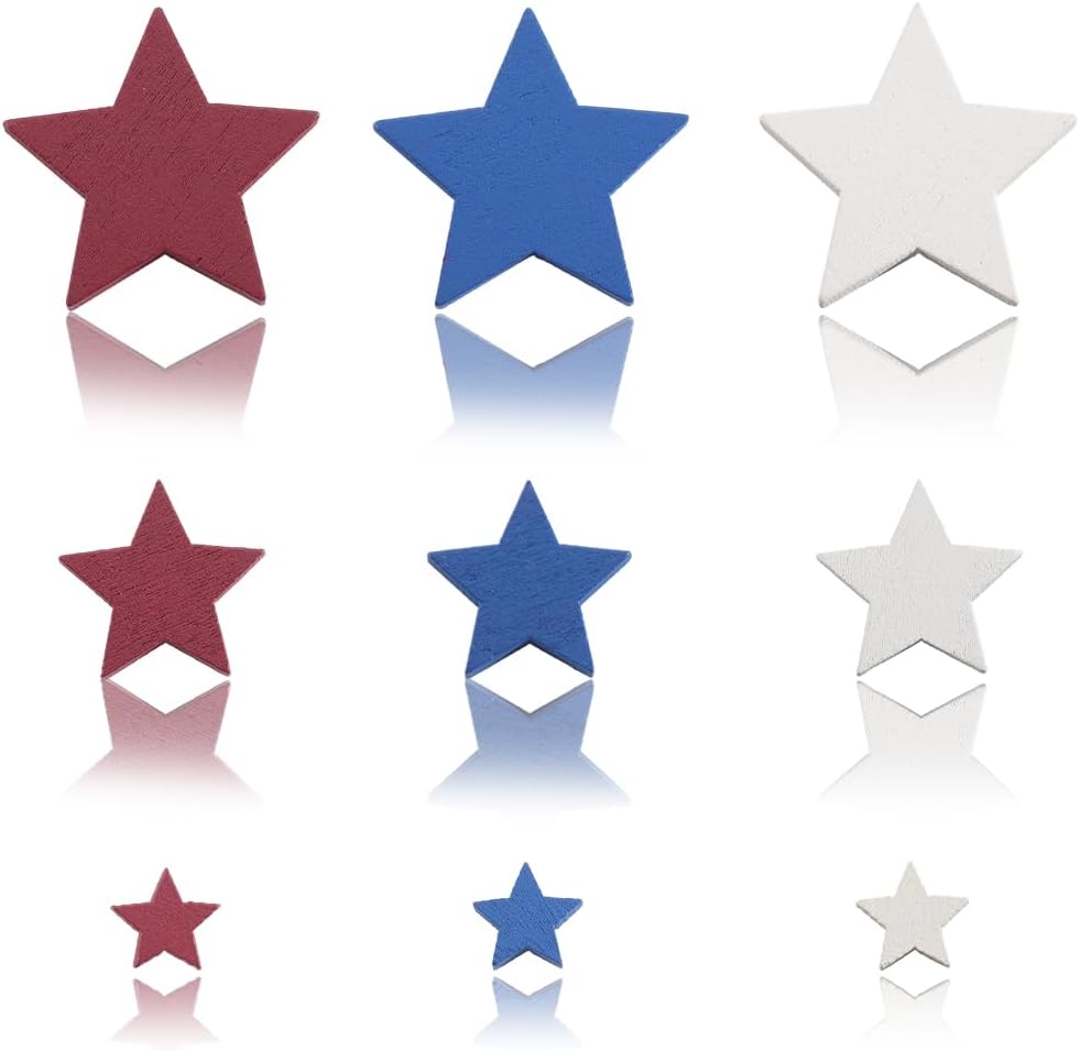 240Pcs 3 Colors 4th of July Wood Stars Memorial Day Wooden Crafts Mini Patriotic Independence Day Veteran Day Festival Holiday Display Ornaments Wood Star for Crafts Home Office Desk Decor