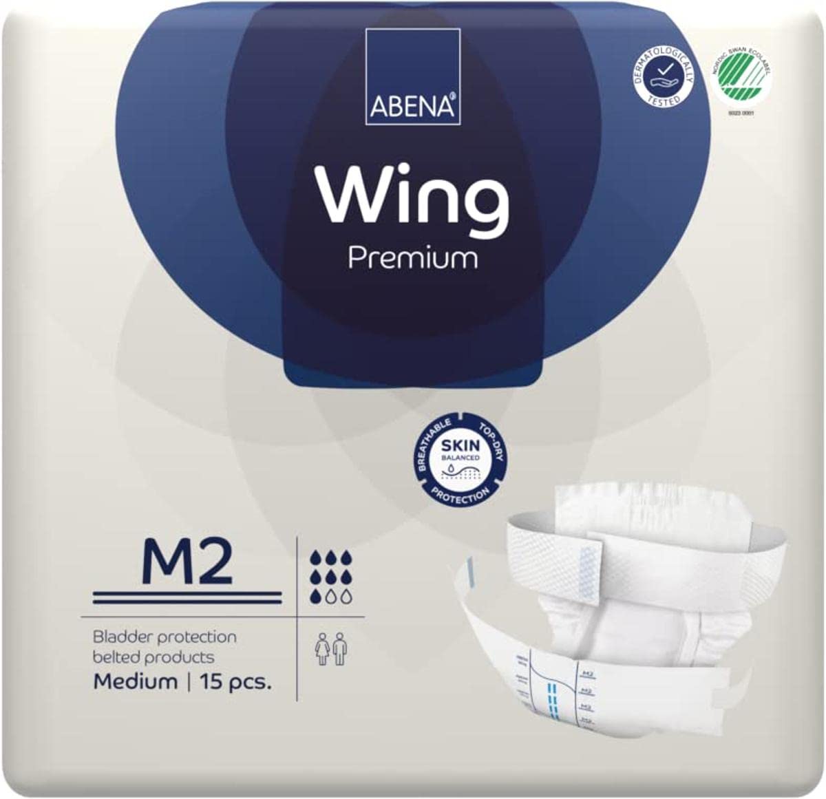 ABENA Wing Premium M2, Pack of 15, 2300ml, Adult Belted Incontinence Pads for Men & Women, Fast Absorption, Discreet & Effective Shape, Breathable & Comfortable, for Moderate to Heavy Incontinence