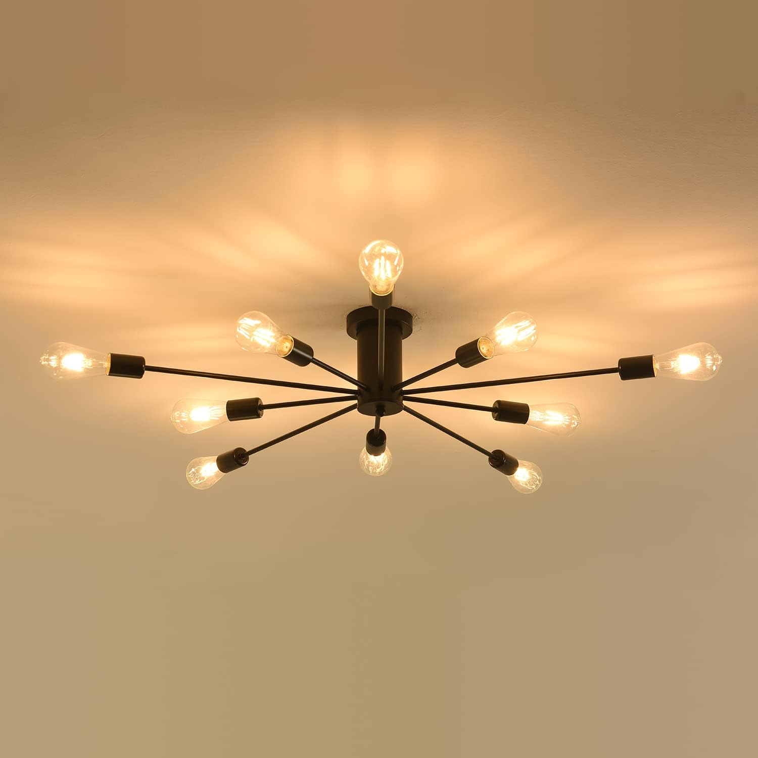 Mid-Century Modern Chandelier Ceiling, Industrial Semi Flush Mount Close to Ceiling Light for Dining Room Kitchen Bedroom Living Room Farmhouse (10-Light Black)