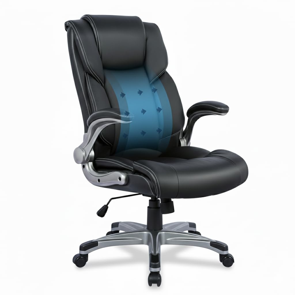 COLAMY Ergonomic Executive Office Chair with Lumbar Support, Flip-Up Arms, Bonded Leather High Back Desk Chair for Home Office &amp; Workstation, Computer Chair for Adults Men Women, Black