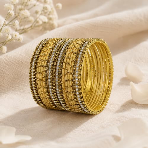 Image of NMII Non-Precious Metal with Base Metal and Zircon Gemstone Studded Ball Chain Linked Glossy Finished Silk thread Bangle set for Women and Girls