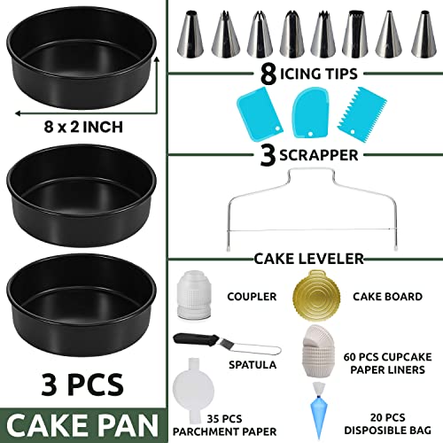 Rfaqk 133Pcs Round Cake Pans Sets For Baking-Nonstick 8 Inch Cake Pan Set Of 3 With Parchment Papers,Cake Leveler,Icing Tips,Muffin Liners,Icing Bags,Spatula Cake Board-Multi Functional Baking Pan Set #TOP1