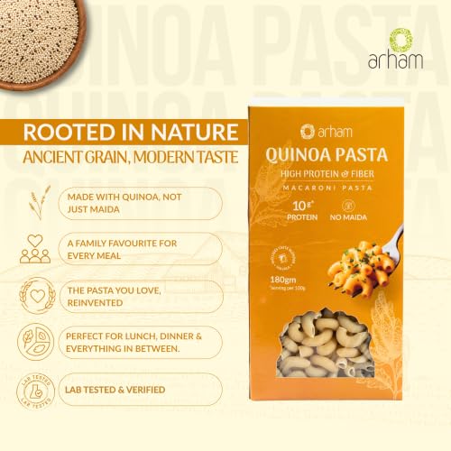 Image of Arham Organic Quinoa Millet Pasta 180g |Healthy No Maida Pasta | Non-GMO, No Preservatives, Chemical-Free | High Fiber & Protein | Easy & Quick to Cook