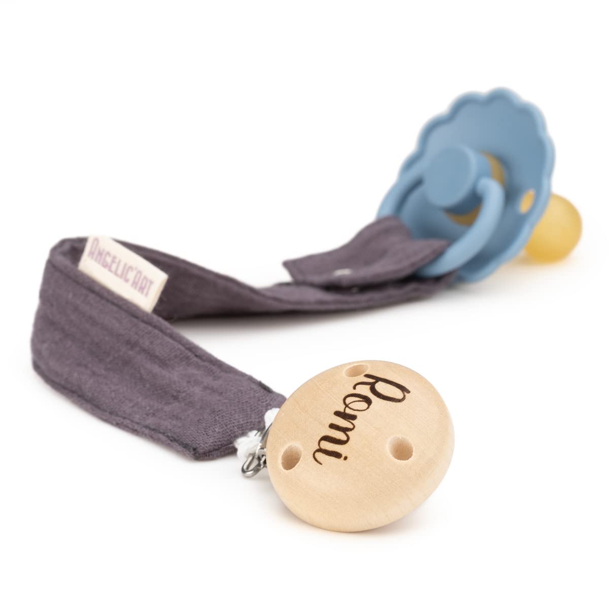AngelicArt Schnullerband mit Gravur Namen für Jungs und Mädchen - große Farbauswahl - Geschenk für Baby (Dunkelgrau)