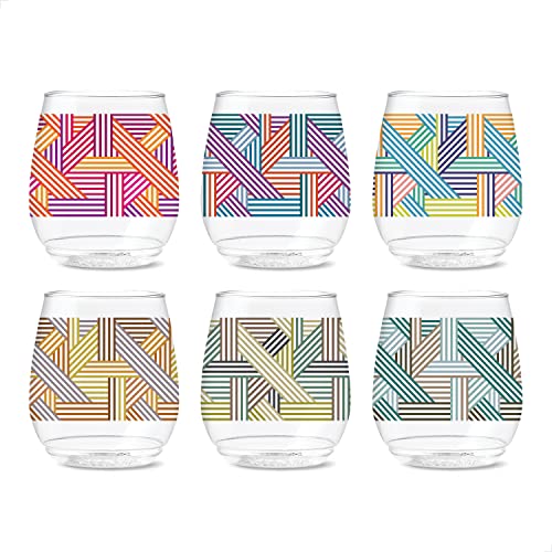 TOSSWARE POP 14oz Vino Designer Series - Lines 3, SET OF 6, Premium Quality, Recyclable, Unbreakable & Crystal Clear Plastic Printed Glasses