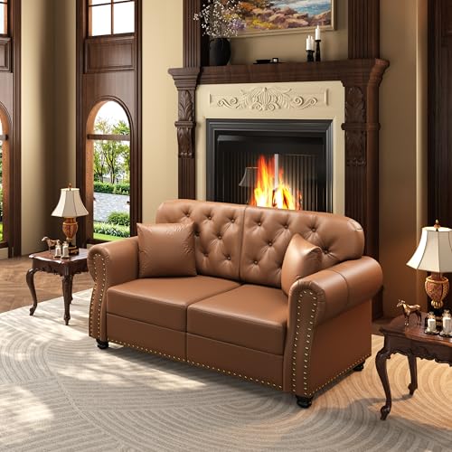 Image of KEIKI 63 inch Faux Leather Chesterfield Sofa with Rolled Arms & Nailhead Trim, Modern Style 2-Seater Button Tufted Couch with High Resilience Cushion & 2 Pillow, Easy Assembly, for Living Room, Brown
