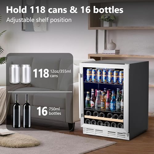 Image of Beverage Fridge 24 Inch Beverage and Wine Cooler Built-in or Freestanding - 120 Cans & 16 Bottles Capacity Wine Refrigerator Cooler