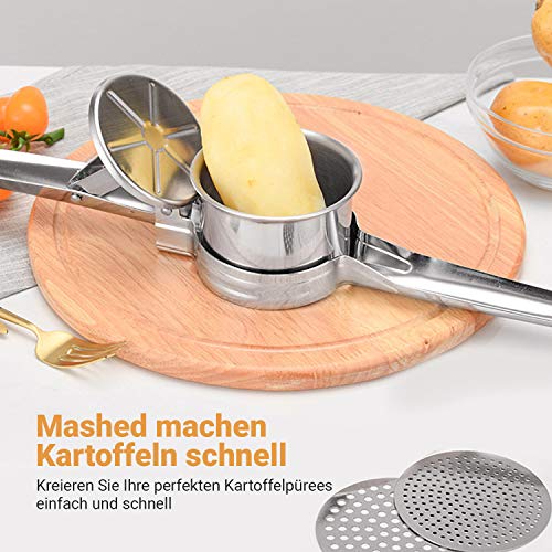 Foto von Gusto Coherence Kartoffelpresse inkl. 3 Siebeinsätze, Muskatreibe und Kartoffelsack – Spülmaschinenfeste Presse aus Edelstahl für die Zubereitung von Kartoffelpüre（Hellsilber）