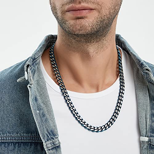 Cuban Link Chain Mens，Stainless Steel Cuban Link Chain Necklace For Men Women，Titanium Steel/Gold Plated/Gift Bag,Black/Blue,22 Inch (22 Inch-Width 10Mm, Blue-Silver) #TOP5