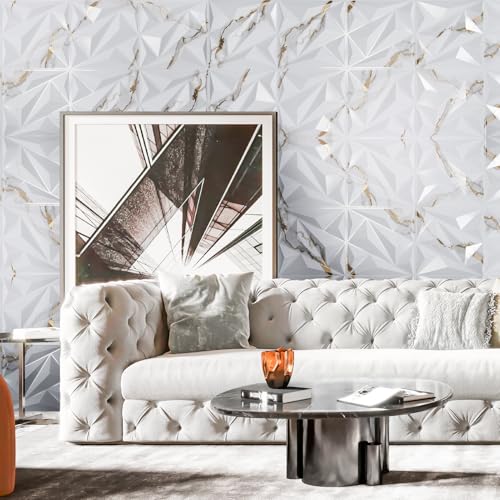 Image of Art3dwallpanels 33 Pack 3D Wall Panel Diamond for Interior Wall Decor, PVC Textured Wall Panels, 12''x12'' Cover 32.Sq.Ft. Gold Veined White