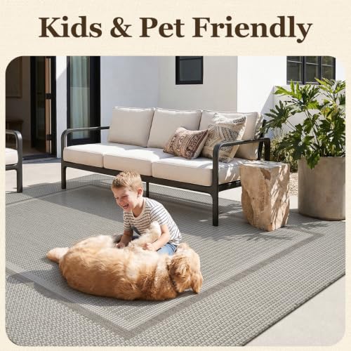 Outdoor Rug-Patio Rug Polypropylene Indoor Outdoor Rugs for Porch Balcony Deck Outdoor Carpet Non Slip Large Outdoor Area Rug Quick Dry,Geometric Grey & White 5x7 FT by MontVoo - Used condition - Image 2