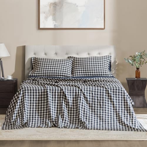 DAPU Linen Sheets King,Yarn Dyed Gingham Check Plaid 100% Washed Linen Bedding with Envelope Closure,4 PCs Soft Linen Sheets Set,Geometric Checkered Pattern in Navy Blue & White,King Size