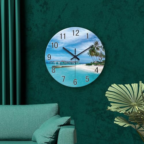 Image of XFM Large Beach Wall Clock 20 Inch Silent Coastal Nautical | Non-Ticking Battery Operated Blue Modern Glass Decorative for Living Room Kitchen Bedroom Office