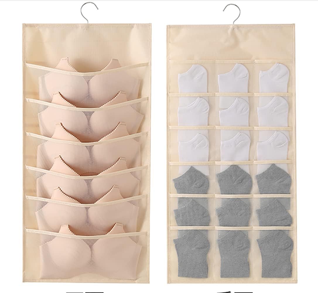LEHSGY Hanging Closet Organizer 1Pcs, Closet Hanging Organizer with Mesh Pockets & Rotating Metal Hanger, Dual-Sided 30 Pockets Wall Shelf Wardrobe Storage Bags for Underwear, Stocking, Bra and Sock