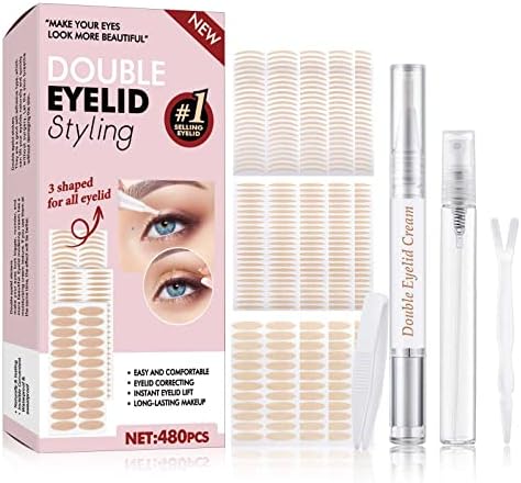 Eyelid Tape, Invisible Eyelid Lifter Strips, Instant Double Eyelid Lift for Hooded, Droopy, Uneven, Mono-Eyelids, Big Eye Tools with Fork Rods & Tweezers, 480 PCS
