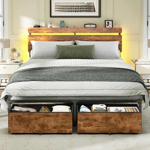 Image of Forestell Queen Bed Frame with Wood Headboard, Metal Platform Bed with 2 Storage Drawers & Shelf, Built-in Charging Station & LED Lights, No Box Spring Needed, Vintage Brown, Cama Queen Size