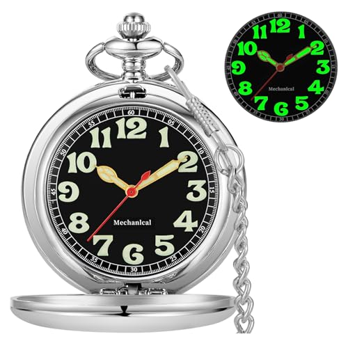 Alwesam Pocket Watch Hand Wind Mechanical Luminous Arabic Numerals with Chain&Box Best Gift(PJX008-Silver-1), silver-08-1, gift