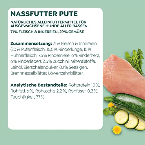 WOW Hundefutter nass Adult mit Pute, 11x 150g I reichhaltiges Nassfutter für ausgewachsene Hunde aller Rassen I beste Qualität mit viel Fleisch, Zucchini & Löwenzahn I hohe Akzeptanz & Verträglichkeit
