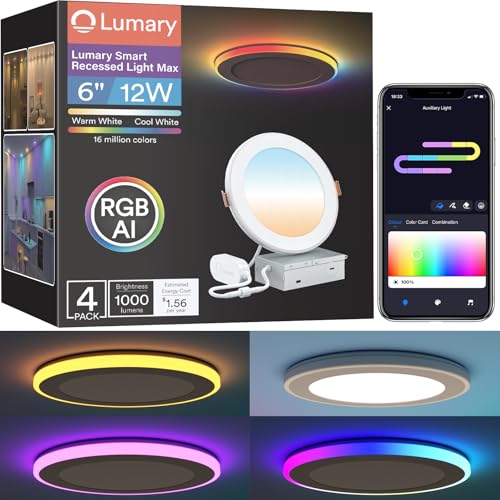 Lumary RGBAI Smart Recessed Lighting 6 Inch with Gradient Accent and Night Ring, 12W 1000LM Wi-Fi...
