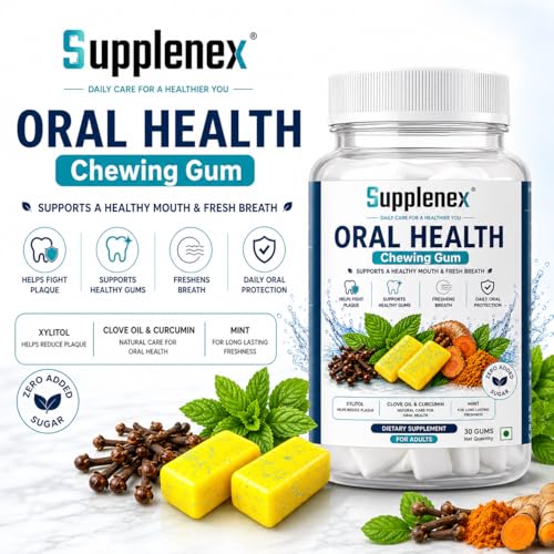 Image of Oral Health Chewing Gum with Clove Oil & Curcumin Extract | Zero Added Sugar | Fresh Breath, Plaque Support & Healthy Gums | Xylitol Mint Gum for Adults | 30 Chews
