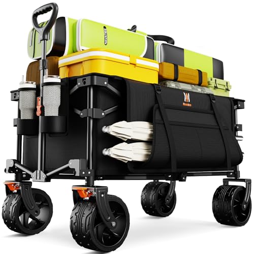 Navatiee Big Wheels Collapsible Wagon Cart Foldable Heavy Duty Beach Wagon with Silent All-Terrain Wheels Folding Utility Grocery Cart with Side Pocket and Brakes for Camping Garden Sports Black
