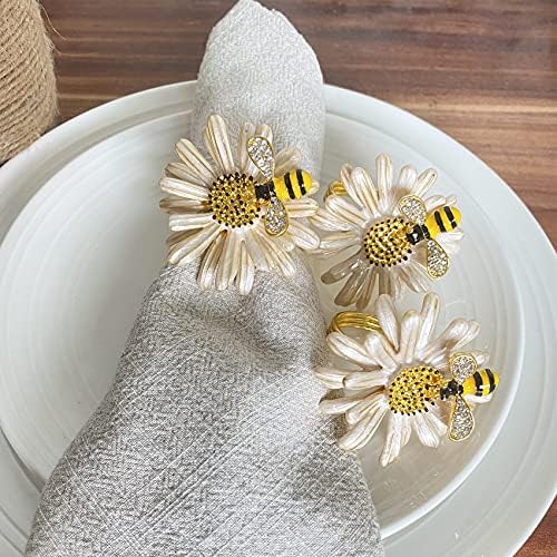 Eaferm Set of 6 Bee Napkin Rings Modern Daisy Flower Napkin Holder Tablescape Table Place Setting Party Wedding Dining Decor Accessories (Cream)