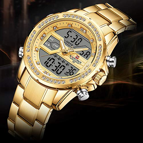 Adaskala NAVIFORCE Quartz Digital Eletrônico Masculino Relógio Dual Time Data Semana Display Backlig