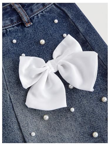 MakeMeChic Women's Bow Knot Denim Mini Skirt Pearl Beaded Pleated A Line Short Skirts3