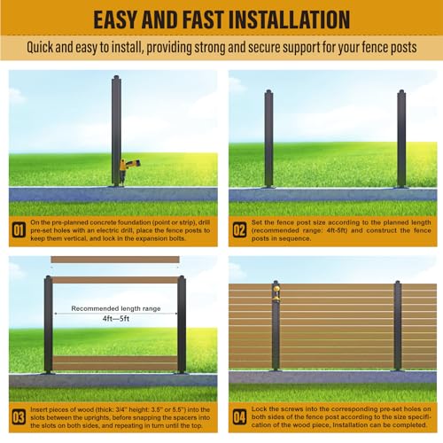 BITALS Q235A-Steel 4ft (H/48in) Heavy Duty Fence Post - Serial Post, Suitable for Outdoor Patio, Backyard and Garden Fence Post Bracket Construction (1pack-Matte Black) - Thumbnail 6
