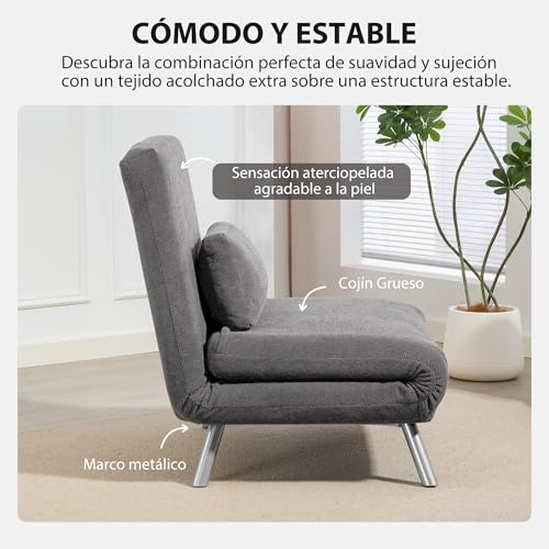 HOMCOM Sofá Cama de 1 Plazas 3 en 1 Sillón Cama Plegable Tapizado en Pata de Gallo con Respaldo Ajustable de 5 Niveles y Almohada Acolchada para Oficina Dormitorio Salón 80x75x83 cm Negro - imagen 6