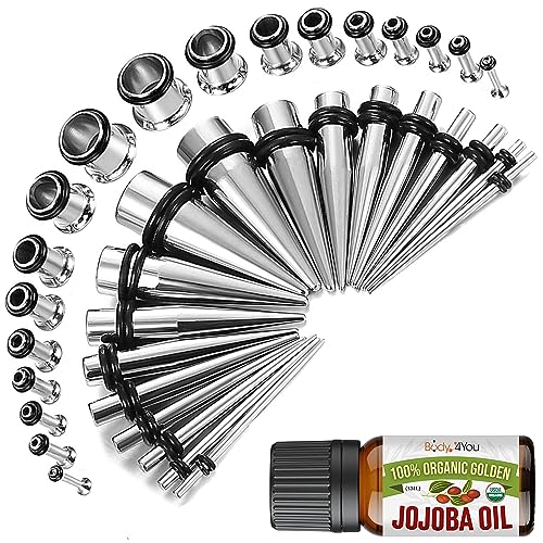BodyJ4You 37PC Ear Stretching Kit - Beginner Gauges 14G-00G Starter Set - Aftercare Jojoba Oil - Steel Tapers Single Flare Plugs Screw Fit Tunnels - Women Eyelet Men Earrings Expander Piercing Jewelry