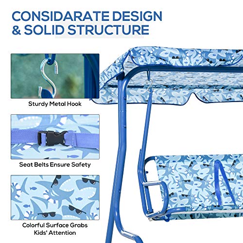 Outsunny Kids Porch Swing, Outdoor 2-Seat Children Patio Chair, Toddler Glider With Adjustable Canopy, Seat Belt For Garden Backyard Shark Pattern #TOP3