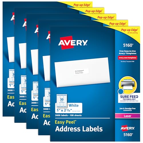 Avery Easy Peel Printable Address Labels with Sure Feed, 1' x 2-5/8' Customizable Stickers, White, 15,000 Blank Mailing Labels, Great for Mailing, Shipping, and More (5-Pack of 5160)