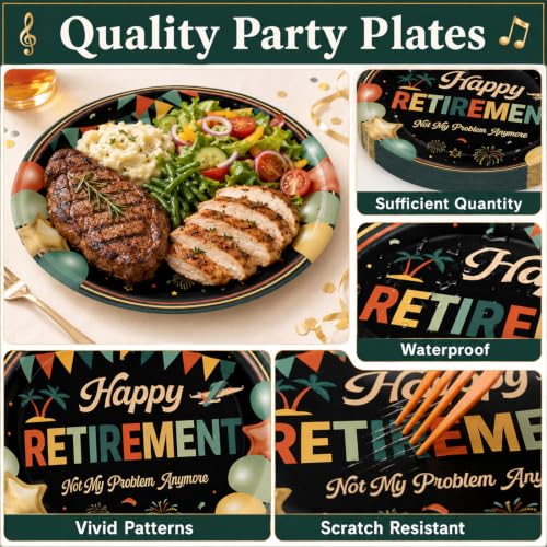 Image of Qyeahkj 100 Pcs Retirement Party Plates and Napkins Set Happy Retired Birthday Party Decorations Supplies Paper Dessert Tableware Vintage Farewell Themed Favors for Birthday Decorations Serves 25